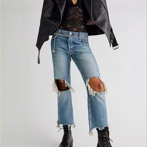 Free People Maggie Mid Rise Straight Leg Distressed Light Blue Jeans